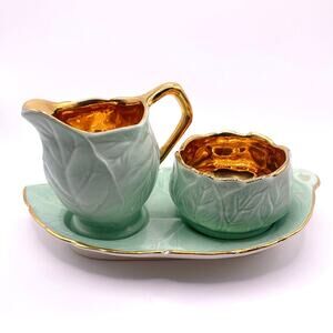 Royal Winton Golden Age Porcelain Green and Gold Plated Creamer and Sugar Set